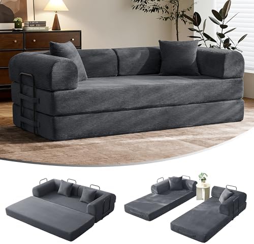 79" Convertible Sofa Bed with Fixed-Shape Frame & Removable Armrests, Modular Corduroy Sleeper Sofa, Folding Mattress Couch for Small Spaces - No Assembly Needed in Dark Gray (Includes 2 Pillows)