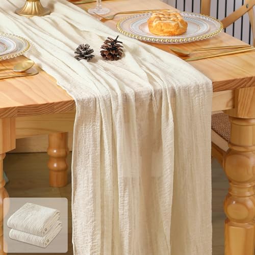 2 Pack 10 Ft Cheesecloth Table Runner 120 Inches Long Boho Ivory Cream White Cheese Cloth Table Runner for Baby Shower Decorations Wedding Decor Holiday Party Centerpiece Table Decorations