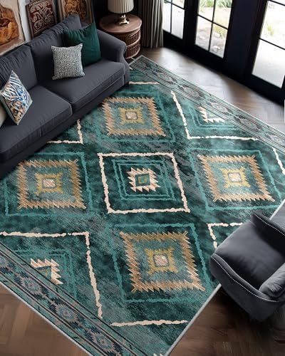 Area Rug 8x10 Rug Machine Washable Non-Slip Low Pile Print Pattern Western Rug for Living Room Bedroom Entryway Tribal Series -Teal/Green