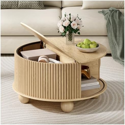 Round Coffee Table with Storage,Fluted Lift Up Coffee Table with Sliding Door,31.5" Drum Center Table with Bun Feet for Living Room,Home Small Space,Oak