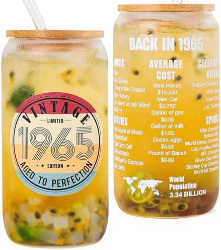 60th Birthday Gifts for Women - 1965 60th Birthday Gifts for Her Him Men 60 Year Old Birthday Decorations Gift for Women Mom Wife Turning 60 Gift Glass Cup with Straw