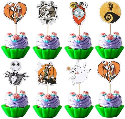 Rsstarxi 42 Pack Nightmare Before Baby Shower Cupcake Toppers Skull Ghost Christmas Cupcake Food Picks Jack Skellington Halloween Cake Decorations for Halloween Birthday Party Decorations