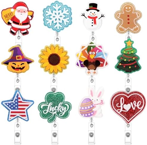12 Pack Christmas Holiday Badge Reel Retractable Clip Halloween Thanksgiving Winter Easter Cute Badge Reels Funny ID Badge Holder for Nurse Student