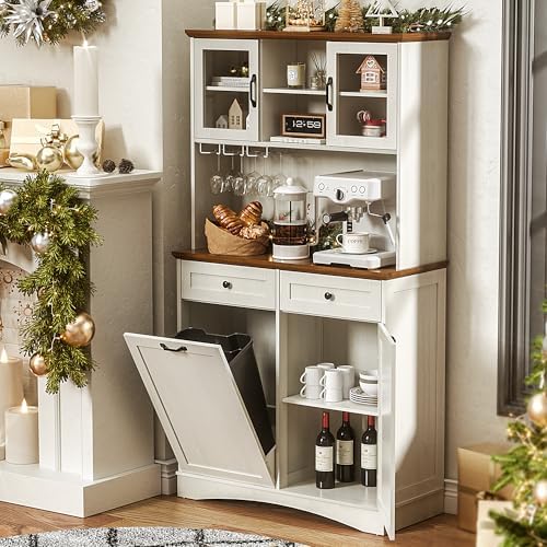 Tilt Out Trash Can Cabinet 13 Gallon, Kitchen Pantry Cabinet with Adjustable Shelves and 2 Hideaway Drawers, Wooden Freestanding Recycling Cabinets for Kitchen Living Room Dining Room