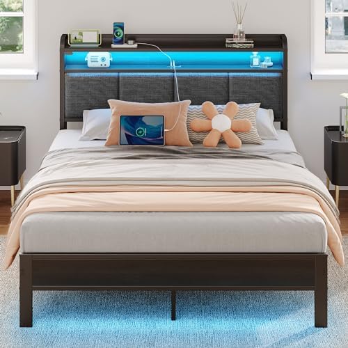 Rolanstar Bed Frame Full Size with Charging Station and LED Lights, Upholstered Headboard with Storage Shelves, Heavy Duty Metal Slats, No Box Spring Need, Noise Free, Easy Assembly, Dark Grey