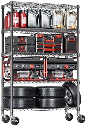 IZEUK 5-Tier Adjustable Heavy Duty Steel Wire Shelving Unit with Wheels, Storage Rack Organizer for Garage, Kitchen, Office, Laundry, Basement (Black, 17.7" D x 47.2" W x 76.7" H, 1750 lbs Capacity)