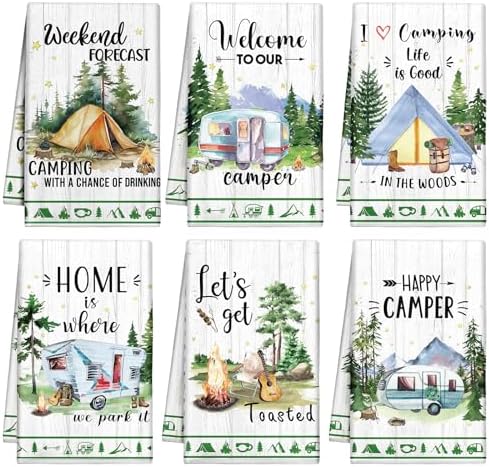 Macarrie 6 Pcs Camping Kitchen Towels Watercolor Style Dish Towels Camper Absorbent Hand Towels Kit with Funny Camping Pattern 21 x 14 Inches for Cool Camping Gifts Camping Accessories for RV Campers