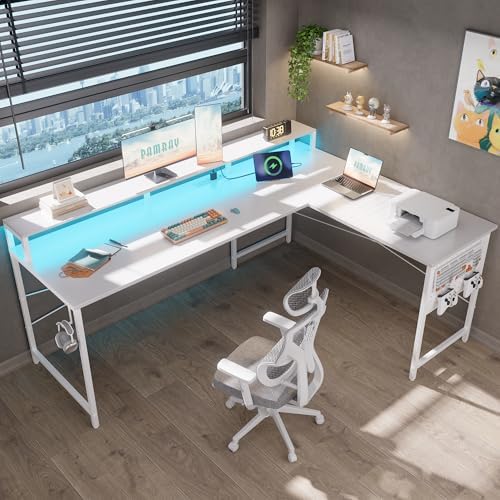 Pamray 64 Inch L Shaped Gaming Desk with Power Outlets and Led Lights, Large Corner Computer Desk with Monitor Stand and Pegboard, PC Table for Home Office and Bedroom White