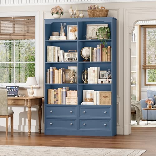 FINETONES 71" Tall Bookshelf with 4 Drawers, 6-Tier Double Wide Bookshelves and Bookcases with Storage, Blue Bookshelf Large Open Bookshelves Standing Book Cabinet for Home Office
