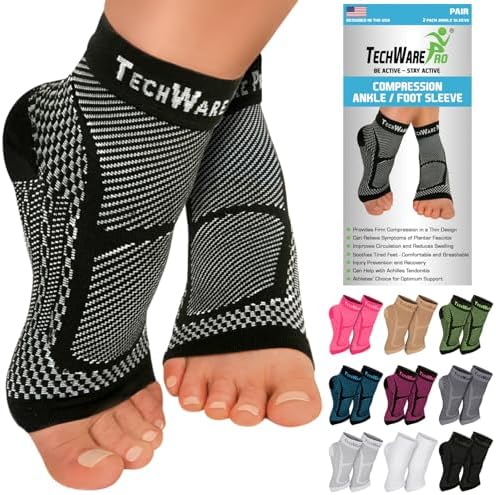 TechWare Pro Ankle Brace Compression Sleeve - Plantar Fasciitis Sock. Relieves Achilles Tendonitis. Foot Arch Support Reduces Joint Pain, Swelling & Heel Spur Pain. Injury Recovery Braces for Sports