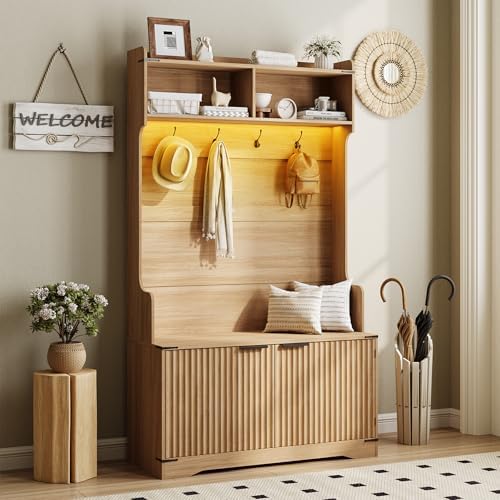 Maupvit 67" Entryway Hall Tree with Bench and Shoe Storage, 5-in-1 Coat and Shoe Rack, Mudroom Bench with Storage and 4 Hooks, Adjustable LED Light, Space Saving, Modern Boho Fluted Coat Tree, Walnut