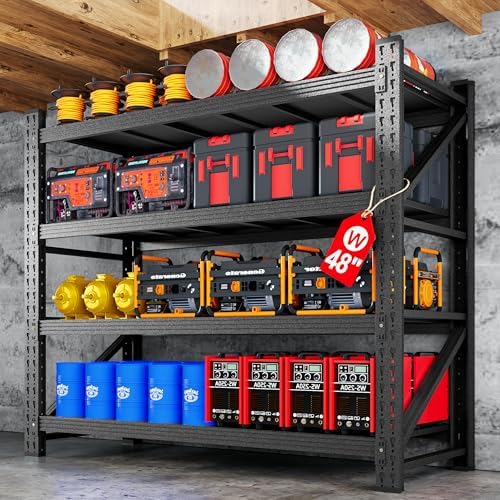 3000LBS Metal Storage Shelves, 48” W Heavy Duty Garage Shelving Units, 4 Tier Storage rack shelf, Steel Industrial Shelving , Adjustable Standing Shelf for Basement/Warehouse 48"W x 24"D x 70"H, Black