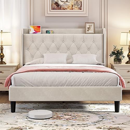 koorlian Full Bed Frame, Velvet Adjustable Upholstered Platform Bed Frame with Type-C&USB Ports, Wingback Storage Headboard, Solid Wood Slats Support, No Box Spring Needed, Noiseless, Off White