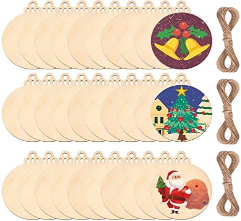 pojah 60Pcs Wood Slices,3.5" Wooden Christmas Ornaments,Unfinished Predrilled Wood Circles for Crafts Centerpieces,DIY Round Wooden Discs Hanging Decorations