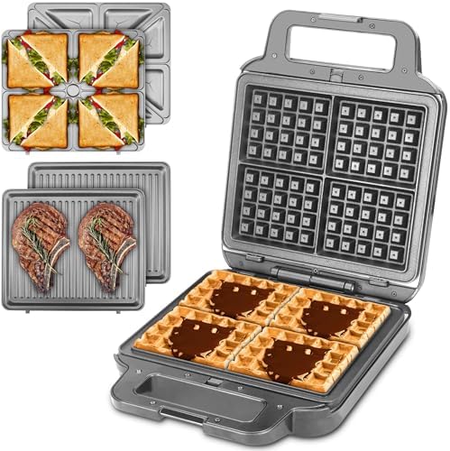 Belgian Waffle Maker with Removable Plates, Waflera Electrica, Large Waffle Iron, 3 in 1 Panini Grill Press Breakfast Sandwich Maker, Electric Griddle, Grilled Cheese Maker, Breakfast Station