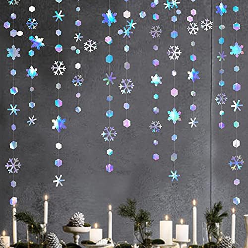 Clearance 52Ft Winter Wonderland Party Decoration Iridescent Snowflake Garland Holographic Paper Snowflake Streamer for Winter Onederland Christmas Frozen Birthday Wedding Bridal Shower Party Supplies