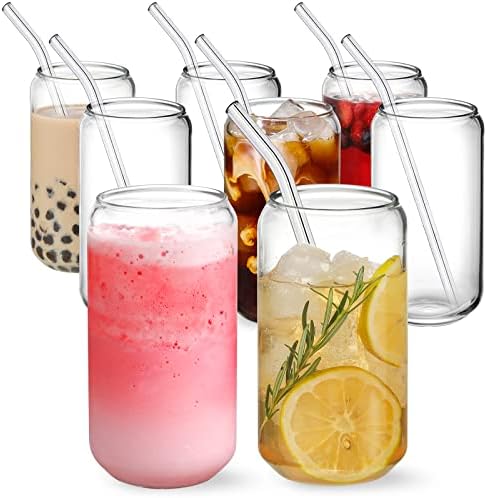 NETANY [ 8pcs Set ] Drinking Glasses with Glass Straw - 16oz Glass Cups, Beer Glasses, Iced Coffee Glasses, Cute Tumbler Cup, Ideal for Whiskey, Soda, Tea, Water, Gift - 2 Cleaning Brushes