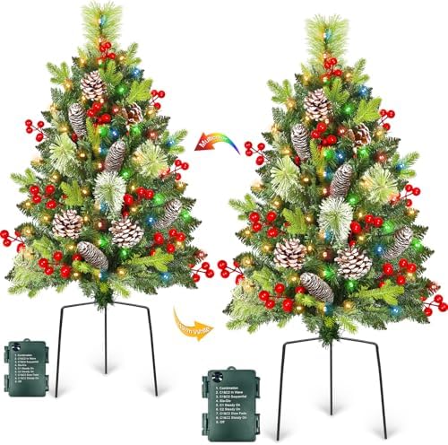 2 Pack 33" Outdoor Christmas Tree Urn Fillers with 50 Warm&Colorful Change Lights 8 Modes Timer 230 Branches Pinecones Red Berries Tripod Stakes Battery Operated Yard Porch Pathway Planter Xmas Decor