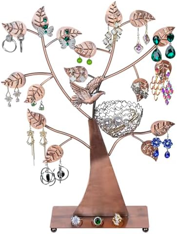MyGift 14-Inch Modern Bronze Jewelry Organizer Tree with Bird Nest – Holds 48 Earrings, Necklace & Bracelet Stand, Metal Tabletop Display for Rings, Trinkets – Decorative Storage for Home Décor