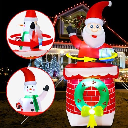 8ft Double-Sided Rotating Inflatable Snowman and Santa Claus Yard Decorations, Christmas Blow Up Decor for Indoor and Outdoor