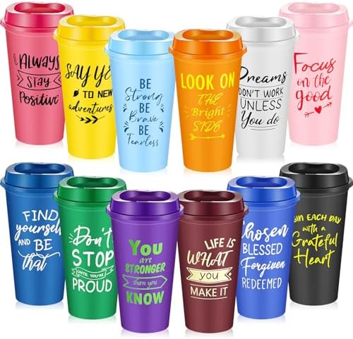 Bulk Inspirational Gifts for Employee Coworkers Staff Teammate, 16oz Reusable Plastic Coffee Cups with Positive Sayings, Thanksgiving Christmas Appreciation Gifts(Bright Color,12 Pcs)