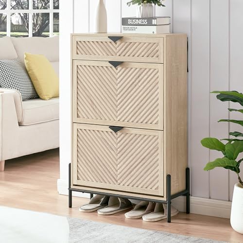 Shoe Cabinet Storage with 2 Flip Drawers, Narrow Hidden Shoes Cabinet Organizer for Entryway, Freestanding Slim Shoe Rack Front Door Entrance(Oak)