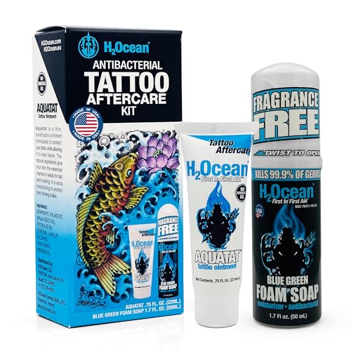 H2Ocean Antibacterial Tattoo Aftercare Kit-Blue Green Foam Soap(1.7 oz)&Aquatat Healing Ointment(0.75 oz)-For New & Old Tattoos-Moisturizing Natural Aloe Vera-Fragrance & Dye-Free Made in USA