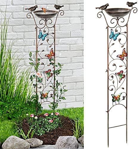 LEWIS&WAYNE Garden Trellis Bird Bath Outdoor, 40 Inch Antique Iron Garden Plant Trellis Decorative with Butterflies and Detachable Drinking Basin Bowl, Free Standing BirdBath Birdfeeder Station