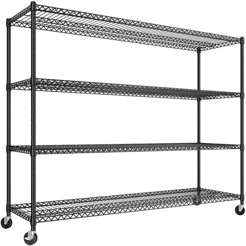 REIBII 60''W Storage Shelves 2399LBS Garage Shelving Heavy Duty with Wheels & Feet, 4 Tier Wire Shelving Adjustable Metal Shelving for Pantry Garage Kitchen Commercial Industrail, 60"W x 18"D x 65.5"H