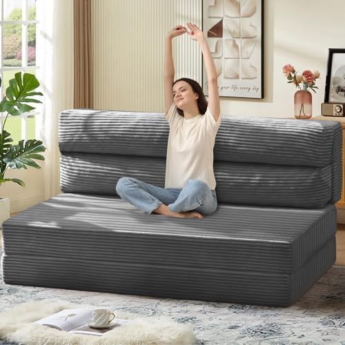 Folding Sofa Bed, Convertible Sleeper Chair with Pilow Foldable Matress, 2 in 1 Pull Out Loveseat Sofa Portable Fold Out Chair Bed Comfy Floor Couch Lounge for Living Room Bedroom