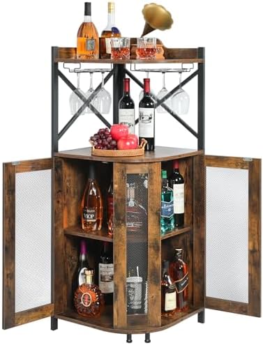 JKsmart Corner Bar Cabinet with Glass Holder,Industrial Wine Cabinet with Mesh Door,4-Tier Wine Cabinet with Open Shelf,Farmhouse Home Bar for Liquor and Wine Storage,Rustic Brown