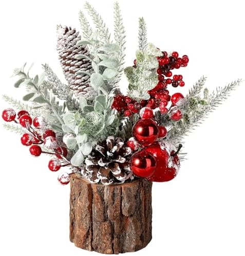 hatisan Small Christmas Tree, Artificial Christmas Tree with Christmas Ornaments Pine Cone Berry, Tabletop Christmas Tree for Christmas Decorations Home Room Party Winter Indoor Outdoor((Red-Round)