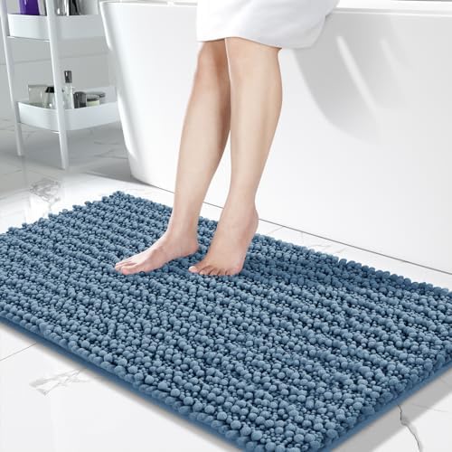 Yimobra Original Luxury Chenille Bath Mat, 44.1 x 24 Inches, Soft Shaggy and Comfortable, Large Size, Super Absorbent and Thick, Non-Slip, Machine Washable, Perfect for Bathroom, Denim Blue