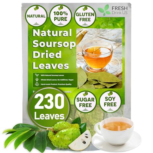 FreshDrinkUS, 230+ Premium Soursop Graviola Leaves Tea, 230-250 Natural Whole Dried Leaves, Wildcrafted, Graviola, Soursop, Hoja Guanabana, Soursop Loose Leaf Herbal Tea, No Gluten, Vegan, Soursop/ Guanabana/ Graviola Tea