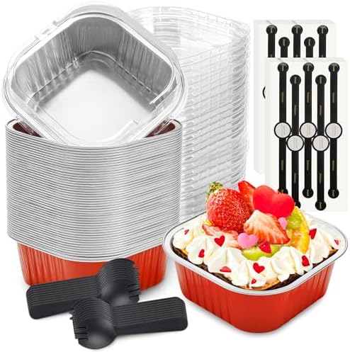 60 Pack Mini Cake Pans with Lids Mini Aluminum Pans, Disposable Loaf Pans Cupcake Liners with Lids for Pudding, Souffle, Party, Wedding(Red, 10 oz)