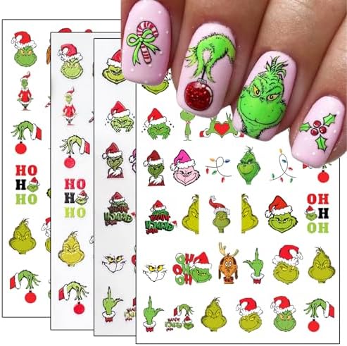 4 Sheets Christmas Nail Art Stickers Cute Green Monster 5D Self-Adhesive Xmas Nails Decals Designs Winter Funny Cartoon 3D Christmas Nail Stickers Decals Supplies for Women Nail DIY Art Decoration