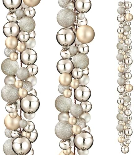 2 Pcs Christmas Ball Garland 6 ft Ball Ornaments Christmas Bulb Garland Xmas Tree Bauble Decorations for Party Supplies Indoor Outdoor Home Office Decoration Accessories(Champagne Gold)