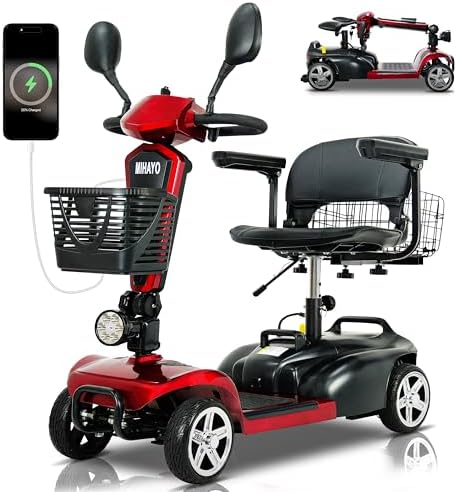 MIHAYO 4 Wheel Mobility Scooter for Seniors&Adults- 45 Miles Range, Foldable Powered Electric Wheelchair Device w/1080WH Battery,Only 14 lb Weight, Dual Basket, 300 lb Capacity, Compact, Ruby Red