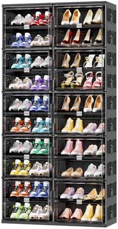 JEKO&JEKO 10 Tiers Foldable Shoe Rack Organizer Cabinet for Closet Entryway, Large Collapsible Shoe Storage Box with Magnetic Doors (Black)