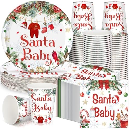 Hushee 200 Pcs Baby Shower Paper Plates Cups Napkins Party Supplies Tableware Set Disposable Cup Napkin for 50 Guest Party Decoration (Green and Red,Christmas Santa Baby)
