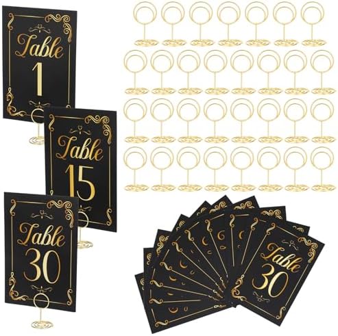 31 Sets Table Number Cards with Holders, Gold Black Table Numbers 1-30 and Head Table Holder 2 Inch Wedding Table Numbers Stand Place Card for Restaurants Party Centerpieces