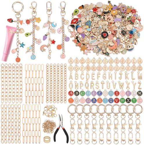500Pcs Charms Lip Gloss Keychain Making Kit, DIY Craft Supplies with Charms, Key Chain Hooks, Jump Rings, Lobster Clasps, Chains & Tools, Jewelry Making Kit for Custom Keychains, Christmas Gifts