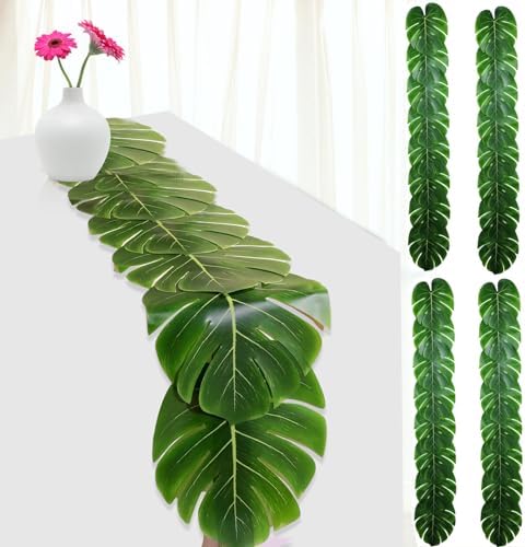4 Pcs Artificial Palm Leaves Table Runners 72 Inch, Tropical Palm Leaves Table Runner Faux Leaf Table Cloth for Wedding Hawaiian Luau Theme Party Supply Summer Table Wall Decorations