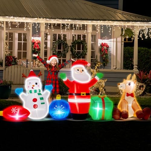 9FT Long Christmas Family Inflatable 6 in 1, Santa Claus Snowman Reindeer with Gift Box and Bells, Outdoor Lawn Yard Christmas Decorations, Xmas Lighted Blow Up Indoor Decoration