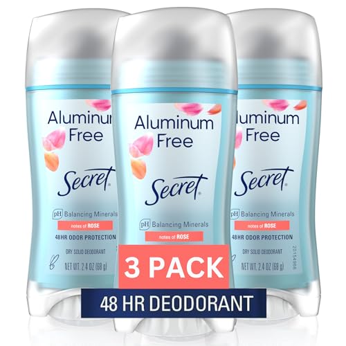 Secret Aluminum Free Deodorant for Women, 48hr Odor Protection, Free of Parabens Dyes Talc & Baking Soda, PH Balancing Minerals, Dry Solid, Rose Scent, 2.4 oz (Pack Of 3)