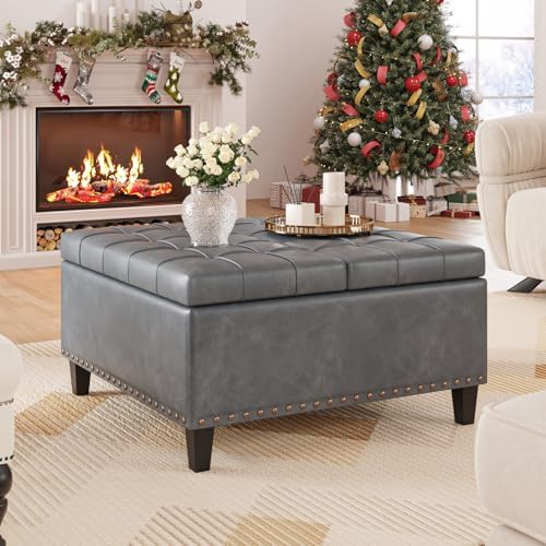 Square Leather Ottoman with Storage, Faux Leather Coffee Table with Lift Top,Upholstered Footrest Stool Toy Box Storage for Bedroom Living Room, Grey