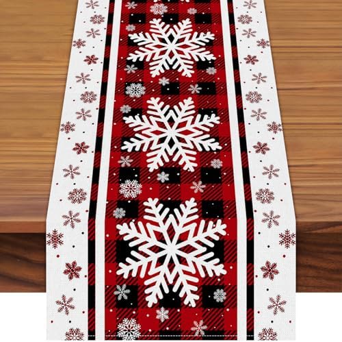 13 x 90 Inch Christmas Table Runner - Red and Black Buffalo Plaid with Snowflakes Pattern for Holiday, Home, Kitchen, Mantel, Dining Table Decor, Winter Xmas Party Supplies
