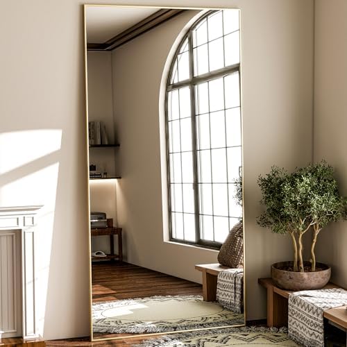 GLSLAND 71"x31" Full Length Mirror Extra Large Hanging or Leaning Rectangle Mirror Aluminum Alloy Thin Frame Bedroom Floor Dressing,Gold