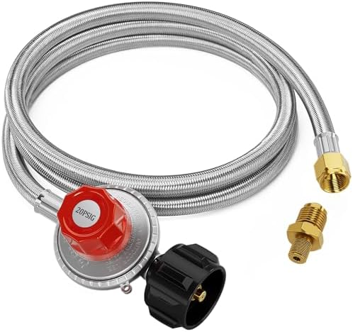 5FT High Pressure Propane Regulator Hose, 0~20PSI Adjustable Propane Tank Regulator, QCC1 & 3/8” Female, Fit for Turkey Fryer，Fish Fryer，Propane Burner，Fire Pit, Forge, and More, Braided Hose