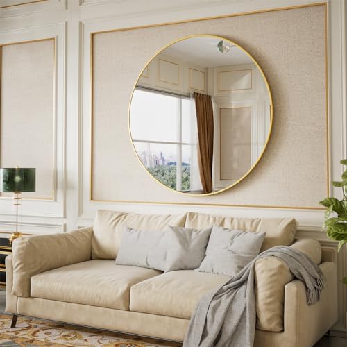 BEAUTYPEAK 42 Inch Round Mirror, Metal Frame Circle Mirror, Wall Mounted for Entryway, Bathroom, Vanity, Living Room, Gold